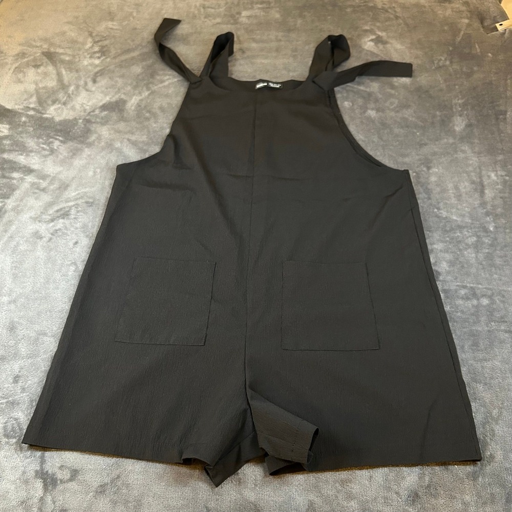 Shein Tie Shoulder Romper Womens XL Black Pockets Relaxed Fit Overall